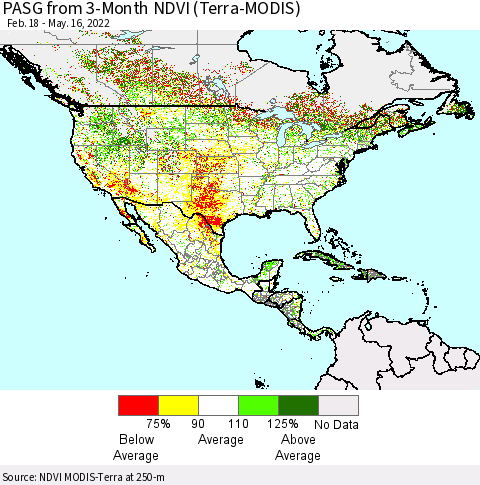 North America PASG from 3-Month NDVI (Terra-MODIS) Thematic Map For 5/9/2022 - 5/16/2022