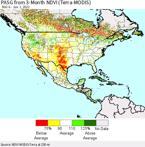 North America PASG from 3-Month NDVI (Terra-MODIS) Thematic Map For 5/25/2022 - 6/1/2022