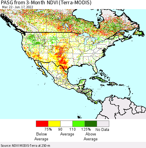 North America PASG from 3-Month NDVI (Terra-MODIS) Thematic Map For 6/10/2022 - 6/17/2022