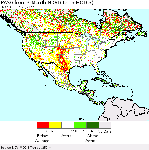 North America PASG from 3-Month NDVI (Terra-MODIS) Thematic Map For 6/18/2022 - 6/25/2022