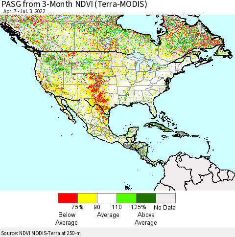North America PASG from 3-Month NDVI (Terra-MODIS) Thematic Map For 6/26/2022 - 7/3/2022