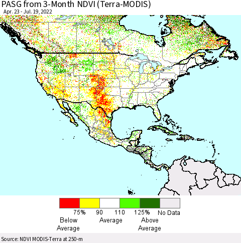 North America PASG from 3-Month NDVI (Terra-MODIS) Thematic Map For 7/12/2022 - 7/19/2022
