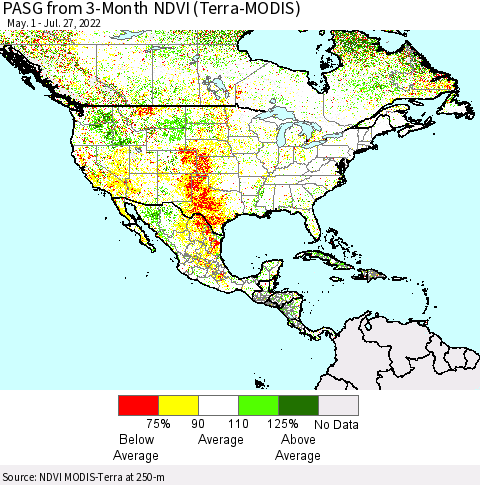 North America PASG from 3-Month NDVI (Terra-MODIS) Thematic Map For 7/20/2022 - 7/27/2022