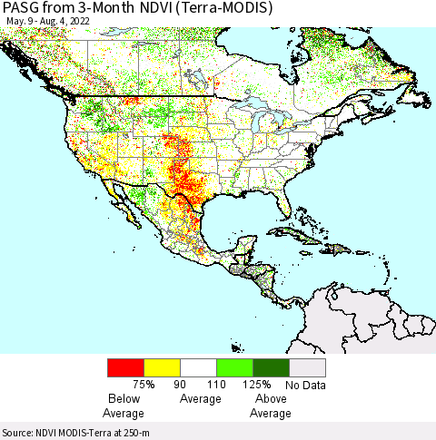 North America PASG from 3-Month NDVI (Terra-MODIS) Thematic Map For 7/28/2022 - 8/4/2022