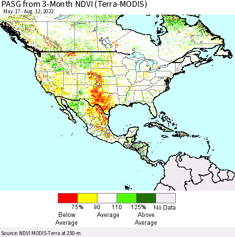 North America PASG from 3-Month NDVI (Terra-MODIS) Thematic Map For 8/5/2022 - 8/12/2022