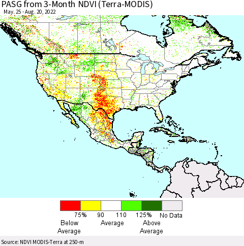 North America PASG from 3-Month NDVI (Terra-MODIS) Thematic Map For 8/13/2022 - 8/20/2022