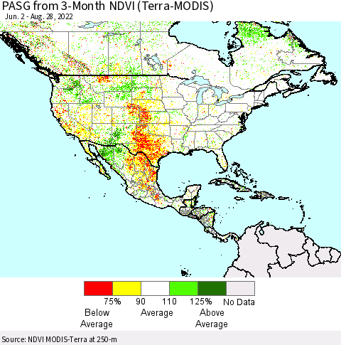 North America PASG from 3-Month NDVI (Terra-MODIS) Thematic Map For 8/21/2022 - 8/28/2022