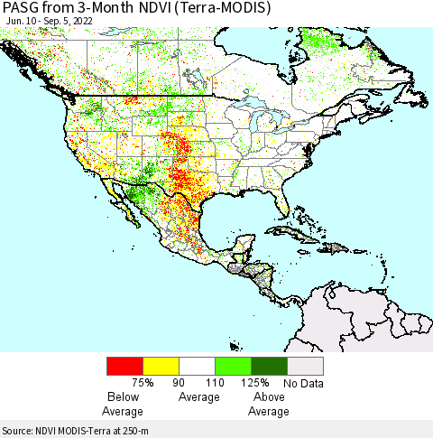 North America PASG from 3-Month NDVI (Terra-MODIS) Thematic Map For 8/29/2022 - 9/5/2022
