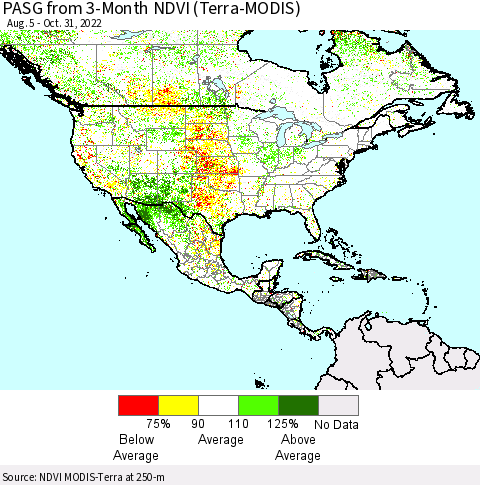 North America PASG from 3-Month NDVI (Terra-MODIS) Thematic Map For 10/24/2022 - 10/31/2022