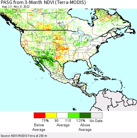 North America PASG from 3-Month NDVI (Terra-MODIS) Thematic Map For 11/1/2022 - 11/8/2022