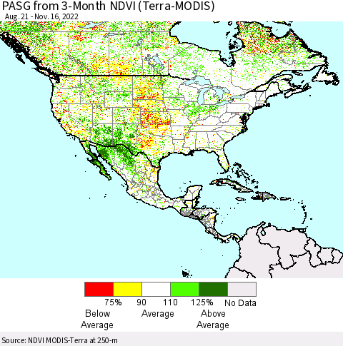 North America PASG from 3-Month NDVI (Terra-MODIS) Thematic Map For 11/9/2022 - 11/16/2022