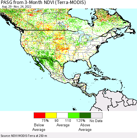 North America PASG from 3-Month NDVI (Terra-MODIS) Thematic Map For 11/17/2022 - 11/24/2022