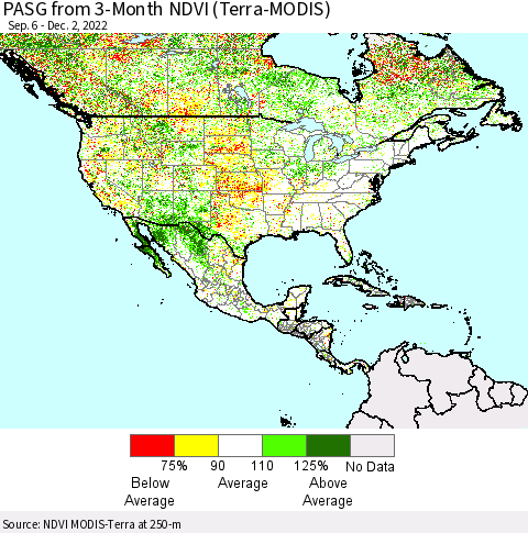 North America PASG from 3-Month NDVI (Terra-MODIS) Thematic Map For 11/25/2022 - 12/2/2022