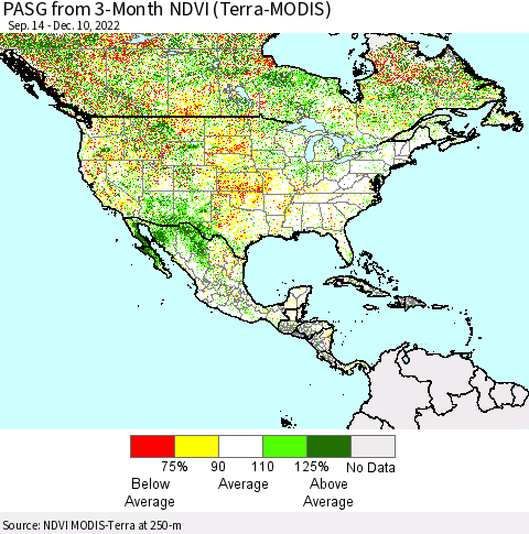 North America PASG from 3-Month NDVI (Terra-MODIS) Thematic Map For 12/3/2022 - 12/10/2022