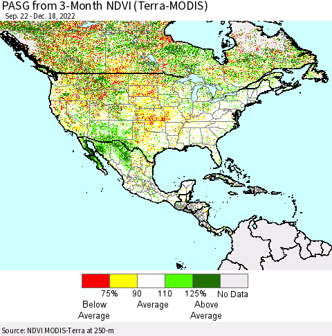 North America PASG from 3-Month NDVI (Terra-MODIS) Thematic Map For 12/11/2022 - 12/18/2022