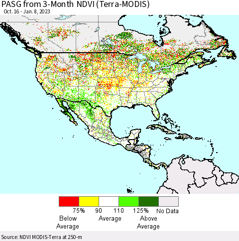 North America PASG from 3-Month NDVI (Terra-MODIS) Thematic Map For 1/1/2023 - 1/8/2023