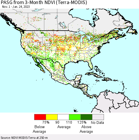 North America PASG from 3-Month NDVI (Terra-MODIS) Thematic Map For 1/17/2023 - 1/24/2023