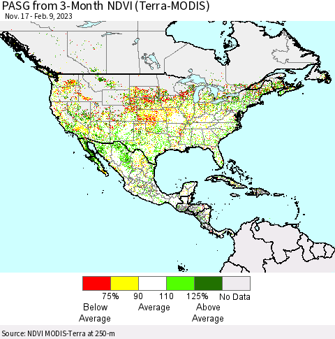 North America PASG from 3-Month NDVI (Terra-MODIS) Thematic Map For 2/2/2023 - 2/9/2023