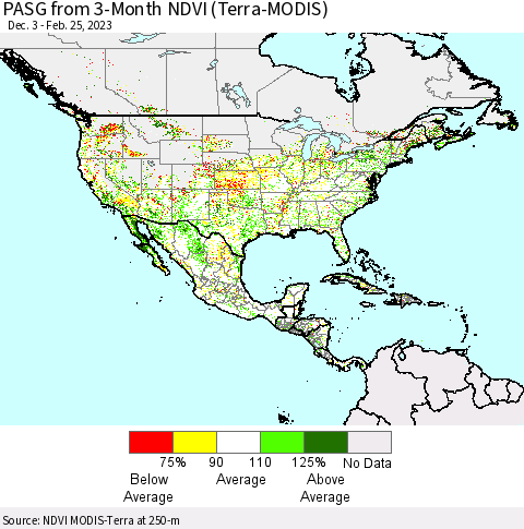 North America PASG from 3-Month NDVI (Terra-MODIS) Thematic Map For 2/18/2023 - 2/25/2023