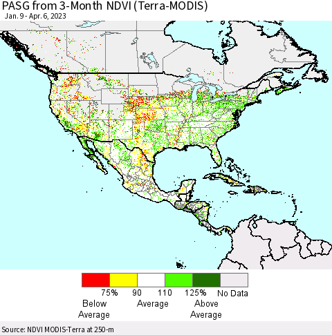 North America PASG from 3-Month NDVI (Terra-MODIS) Thematic Map For 3/30/2023 - 4/6/2023