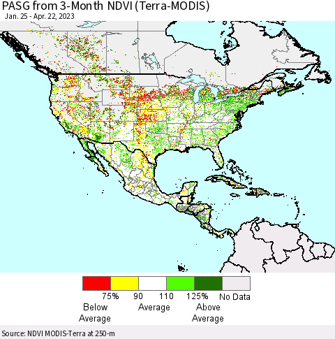 North America PASG from 3-Month NDVI (Terra-MODIS) Thematic Map For 4/15/2023 - 4/22/2023