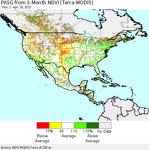 North America PASG from 3-Month NDVI (Terra-MODIS) Thematic Map For 4/23/2023 - 4/30/2023