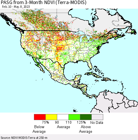 North America PASG from 3-Month NDVI (Terra-MODIS) Thematic Map For 5/1/2023 - 5/8/2023
