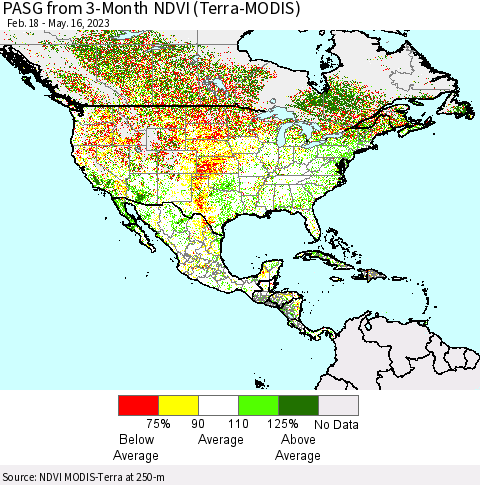 North America PASG from 3-Month NDVI (Terra-MODIS) Thematic Map For 5/9/2023 - 5/16/2023
