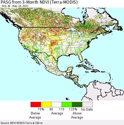North America PASG from 3-Month NDVI (Terra-MODIS) Thematic Map For 5/17/2023 - 5/24/2023