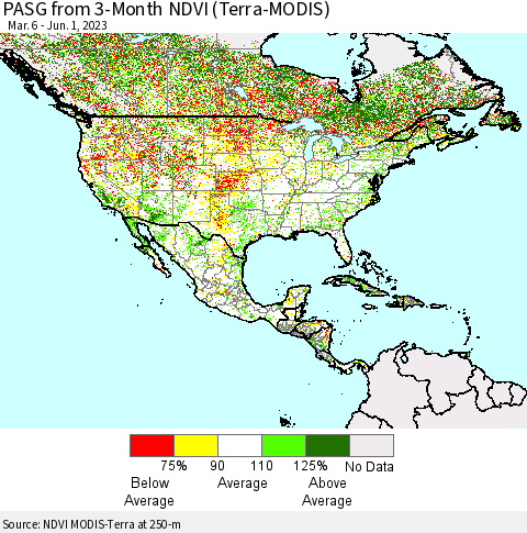 North America PASG from 3-Month NDVI (Terra-MODIS) Thematic Map For 5/25/2023 - 6/1/2023