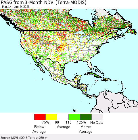 North America PASG from 3-Month NDVI (Terra-MODIS) Thematic Map For 6/2/2023 - 6/9/2023
