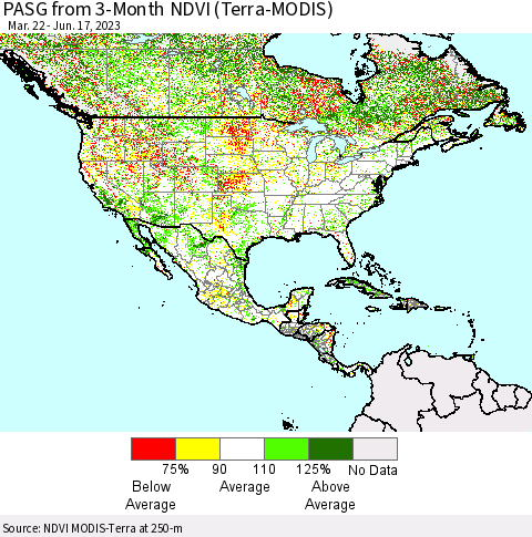 North America PASG from 3-Month NDVI (Terra-MODIS) Thematic Map For 6/10/2023 - 6/17/2023
