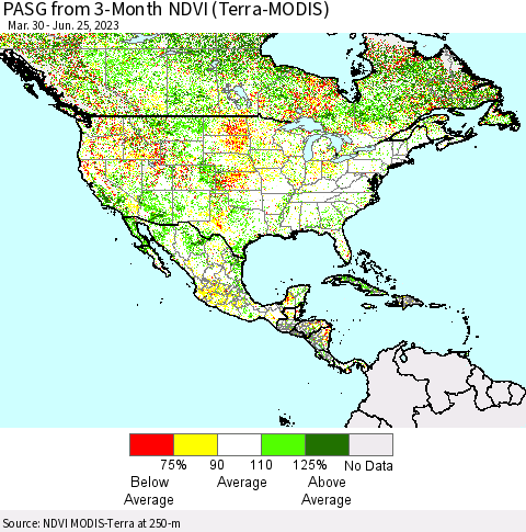 North America PASG from 3-Month NDVI (Terra-MODIS) Thematic Map For 6/18/2023 - 6/25/2023