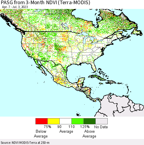 North America PASG from 3-Month NDVI (Terra-MODIS) Thematic Map For 6/26/2023 - 7/3/2023