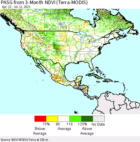 North America PASG from 3-Month NDVI (Terra-MODIS) Thematic Map For 7/4/2023 - 7/11/2023