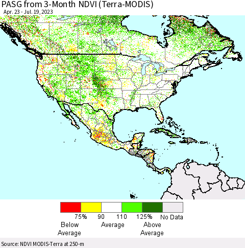 North America PASG from 3-Month NDVI (Terra-MODIS) Thematic Map For 7/12/2023 - 7/19/2023