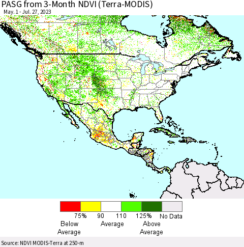 North America PASG from 3-Month NDVI (Terra-MODIS) Thematic Map For 7/20/2023 - 7/27/2023