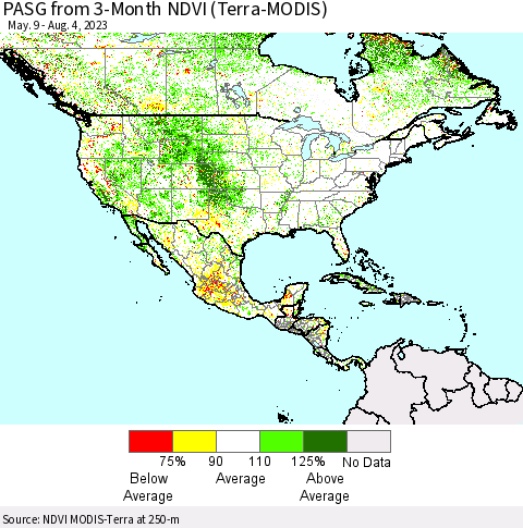North America PASG from 3-Month NDVI (Terra-MODIS) Thematic Map For 7/28/2023 - 8/4/2023