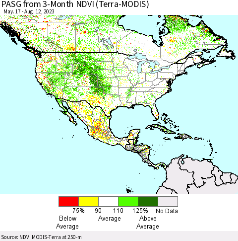 North America PASG from 3-Month NDVI (Terra-MODIS) Thematic Map For 8/5/2023 - 8/12/2023