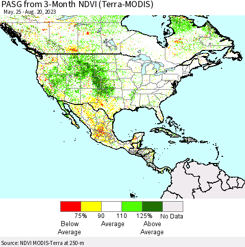 North America PASG from 3-Month NDVI (Terra-MODIS) Thematic Map For 8/13/2023 - 8/20/2023