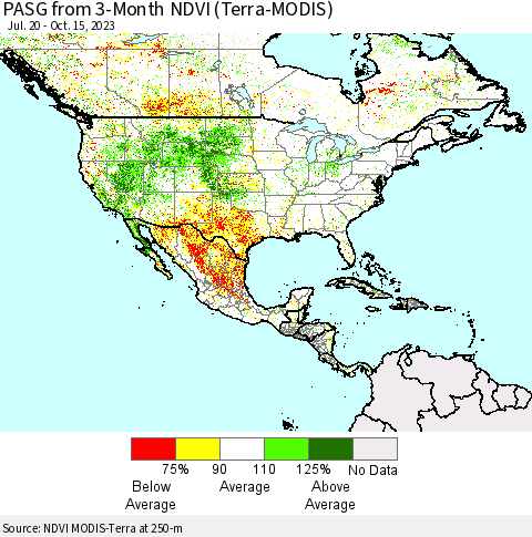 North America PASG from 3-Month NDVI (Terra-MODIS) Thematic Map For 10/8/2023 - 10/15/2023