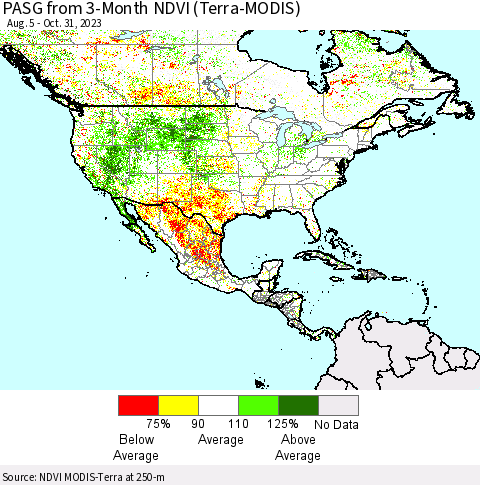North America PASG from 3-Month NDVI (Terra-MODIS) Thematic Map For 10/24/2023 - 10/31/2023