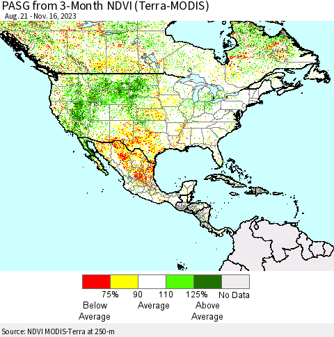 North America PASG from 3-Month NDVI (Terra-MODIS) Thematic Map For 11/9/2023 - 11/16/2023