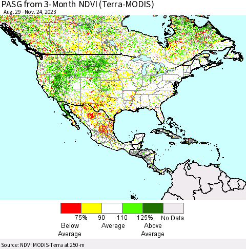 North America PASG from 3-Month NDVI (Terra-MODIS) Thematic Map For 11/17/2023 - 11/24/2023