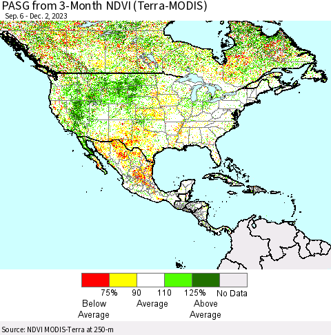 North America PASG from 3-Month NDVI (Terra-MODIS) Thematic Map For 11/25/2023 - 12/2/2023
