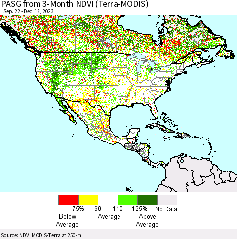 North America PASG from 3-Month NDVI (Terra-MODIS) Thematic Map For 12/11/2023 - 12/18/2023