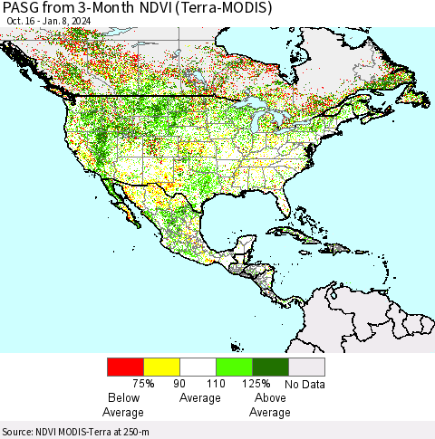 North America PASG from 3-Month NDVI (Terra-MODIS) Thematic Map For 1/1/2024 - 1/8/2024