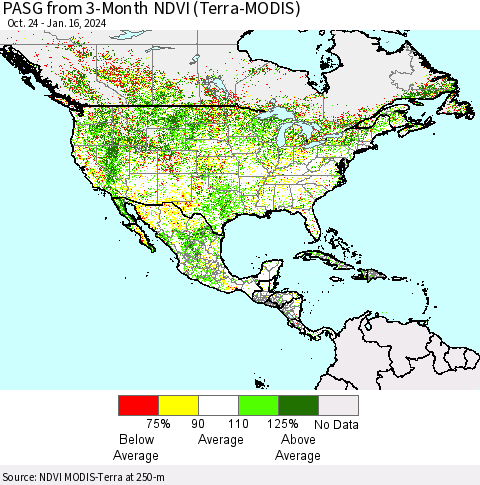 North America PASG from 3-Month NDVI (Terra-MODIS) Thematic Map For 1/9/2024 - 1/16/2024