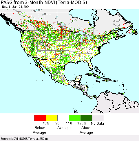 North America PASG from 3-Month NDVI (Terra-MODIS) Thematic Map For 1/17/2024 - 1/24/2024