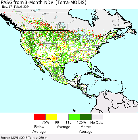 North America PASG from 3-Month NDVI (Terra-MODIS) Thematic Map For 2/2/2024 - 2/9/2024